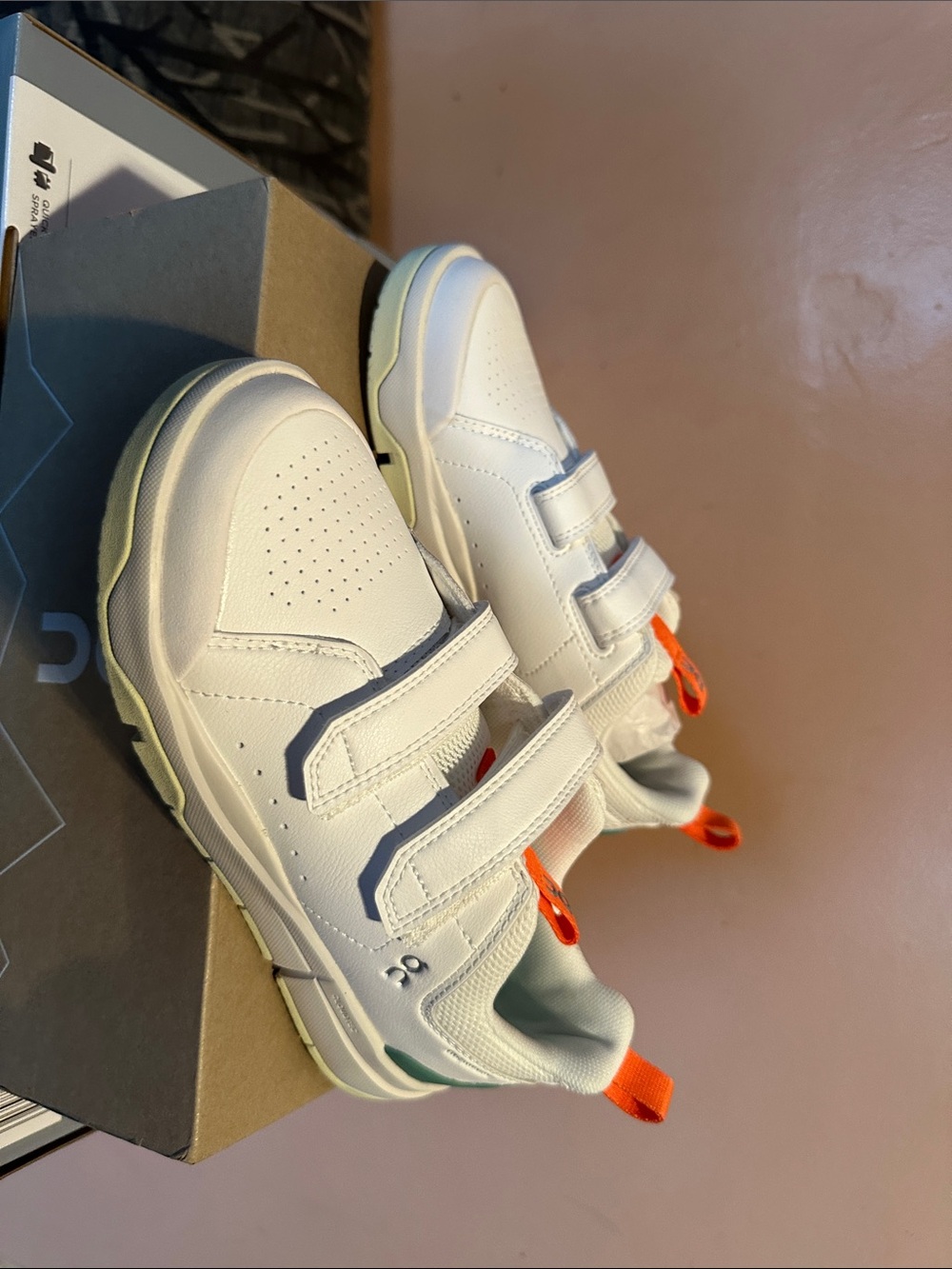 Youth White Sneakers with Orange Pull Tabs — Easy Velcro Closure